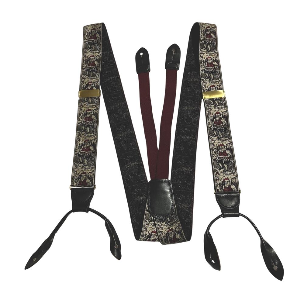 Vtg 1990s Mens Cole Haan Woven Silk Holiday Suspenders Santas Workshop USA HTF